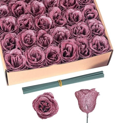 Rzoukler Glitter Roses Bouquet,30PCS Rose Gold Flowers Artificial Roses with Stems for Wedding Bouquet Party Christmas Home Decor(Rose Gold)