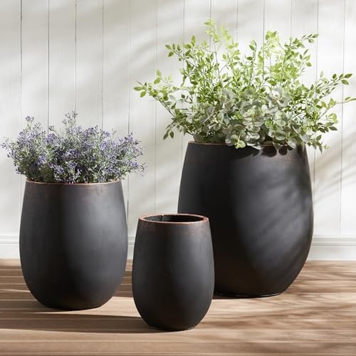 Wallowa Set di 3 fioriere rotonde in cemento da 45 cm + 34 cm + 24 cm di diametro, grandi fioriere da esterno, nere con bordo dorato, vasi da fiori con fori di drenaggio per giardino, patio, casa,