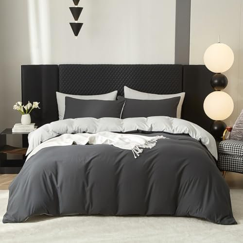 Baumwolle Bettwäsche 155x220cm Grau Anthrazit 3Teilig Doppelbett Uni Bettwäsche Set Weiche ÖkoTex Zertifiziert für Allergiker Weich Bettbezug Baumwolle und 1 Kissenbezüge 80x80 mit Reissverschluss