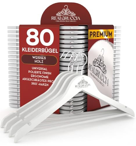 80 Perchas de Madera Blancas para Ropa Camisas Chaquetas 22x45cm RealGruccia - Barra para Pantalones Gancho Giratorio 360° y Ranuras Antideslizantes para Hombros - Perfil Biselado y Acabado Liso