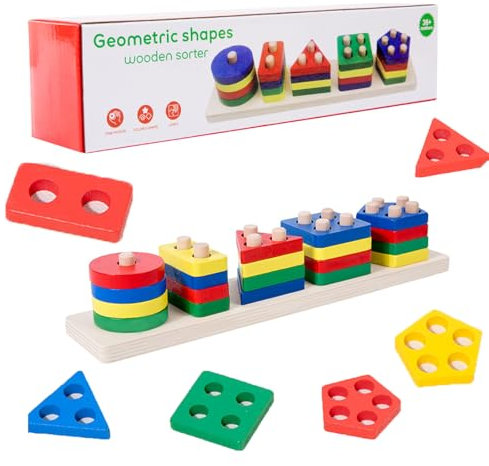 Yhjxly Holz Sortier Stapelspielzeug, Farben und Formen Puzzle-Stapler,Geometrisches Stapel Steckspiel,5 geometrische Formen, Montessori Early Educational Block Puzzles für Kinder von 1 2 3 Jahre