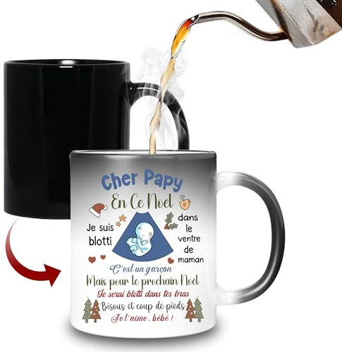 HALUMI Mug Magique Pour Futur Papy Pépère Tasse A Cafe Originale Bisous Super Papy Je T'aime Idée Cadeau Surprise Annonce Grossesse Enceinte Garçon Bébé Fête Des Grands-Pères Noël Mug Ceramique 330 ML