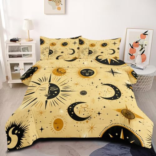 CCoutueChen Sonnen- und Mond-Bettwäsche-Set, Queen-Size-Größe, Starryk Sky Bettwäsche-Sets für Damen und Herren, Sonne, Mond, Sterne, Bettwäsche-Set, 3-teilig, bequeme, strapazierfähige
