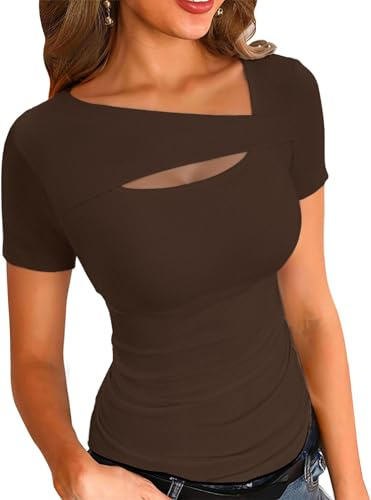 Women's Short Sleeve Tops One Piece Cutout Scoop Neck T Shirts Ribbed Knit Slim Fitted Casual Top Summer Tee