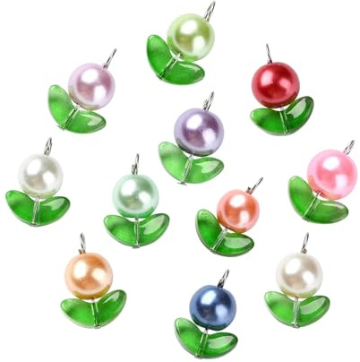 Stiesy 120Pcs 12 Colors Glass Flower Charms Pendants with Green Leaf Glass Beads Charm Pearlized Pearl Bead Floral Plant Handmade Charms for DIY Jewellery Crafts Bracelet Necklace Earrings Making