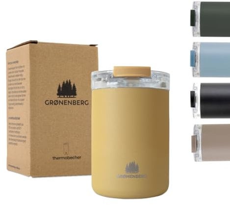 Groenenberg Thermobecher 320 ml | Kaffeebecher to go 100% Auslaufsicher | Hält mind. 4 h warm | Coffee to go Becher aus recyceltem Edelstahl (Mustard)