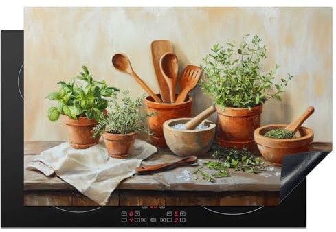 KitchenYeah© Protege Plaque Tapis Pour Induction 80x52 cm Deco Cuisine Protection Vitrocéramique Pour Cuisiniere Pots - Herbes - Bois