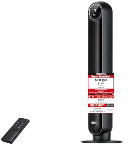Dreo Turmventilator für Schlafzimmer, 7,6 m/s Geschwindigkeit, 28dB leiser Standventilator, 90° oszillierende Ventilator mit 4 Geschwindigkeiten, 4 Modi, 8 Std.Timer, Nomad One, Schwarz