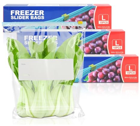 45PCS Zip Lock Food Storage Freezer Bags, TAIYUNWEI Large Reusable Food Bags with Expandable Bottom–Freezer and Microwave Safe, for Sanwich, Fruit, Snack, Veggie, Grain, Meat (45PCS-Large-One Gallon)
