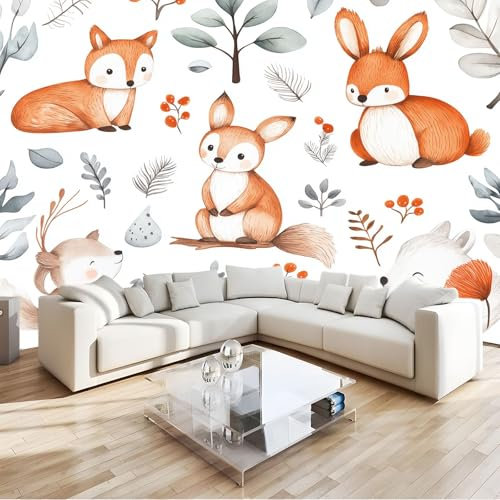 Générique Blanc Papier Peint Panoramique 3D Intissé, Autocollants Animaux De La Forêt 250 x 175 cm Murales Papier Peint pour Salon Chambre à Coucher D'Enfant Maison Décoration Murale