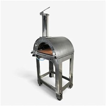 Forno pizza ibrido a gas e legna 6 pizze con tetto e carrello in acciaio inox, uso a legna o con bruciatore a gas, pietra refrattaria, 500 gradi, Made in Italy (con bruciatore e valvola metano)