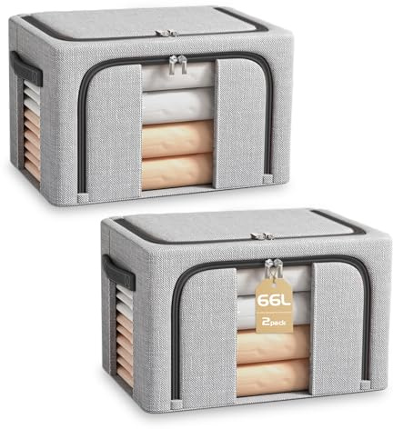 BOUDOI Clothes Storage Boxs Bags With Lid，Large Storage Box With Double opening Zips Clear Windows，Foldable Oxford Cloth Steel Frame, Waterproof Wardrobe Storage Organiser for Bedding, Blankets,Duvet