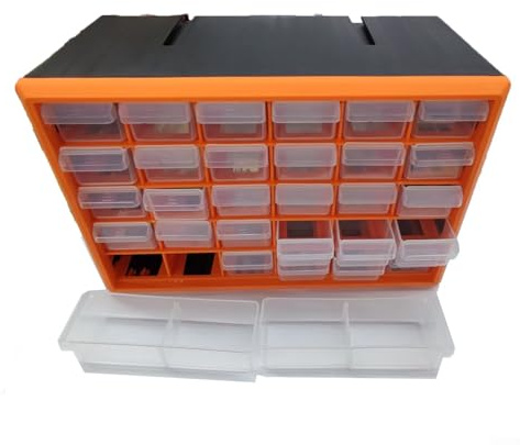 Schubladenschrank aus Kunststoff für Hardware-Komponenten-Organizer, Kleinteile-Aufbewahrungsschrank mit mehreren Fächern, Wandhalterung und stapelbares Werkzeug (Orange)
