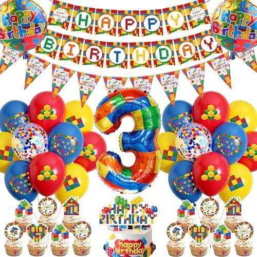 Bausteine Theme 3. Geburtstag Deko Luftballons - Happy Birthday Banner Wimpel XXL Zahl 3 Folienballon, Baustein Cupcake Deko konfetti und Latexballons für Kinder Junge Mädchen Kindergeburtstag