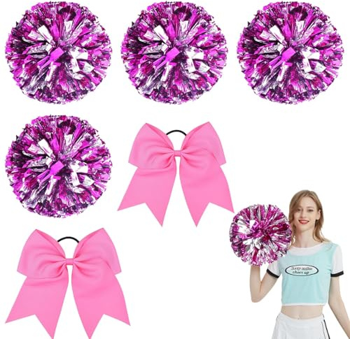 Cheerleader Pom Poms, 6-Piece Set with Four Finger-Encrypted Pom Poms in Rose Gold and Silver, Perfect for Cheerleading Performances and Team Events