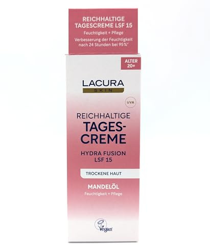 Lacura Skin reichhaltige Tagescreme Hyrda Fusion Feuchtigkeit + Pflege LSF 15 Mandelöl trockene Haut Alter 20+ 50 ml