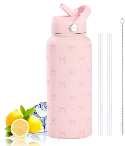 KBIBCK Insulated Water Bottle with Bow Design, 1000ML Pink Bow Water Bottle with Straw, Portable Stainless Steel Insulated Water Bottle, Cute Thermal Flask for Women Girls Teens Birthday Gift