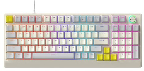 Naroote RGB Mechanical Gaming Keyboard, 98 Key Hot Swappable Device, Blue Switch Knob with Ergonomic Low Profile, Ideal for PC Computer Gaming & Typing Work (Gray Beige Yellow)