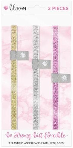 bloom daily planners Elastic Planner Bands with Pen Holder Loop - Set of 3 Stretchy Closure Bands/Bookmarks for Planners, Journals, Notebooks & More - Metallic