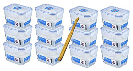 Lock&Lock Frischhaltedosen-Set 12-teilig gleiche Deckel (4x 550ml-Box, 4x 800ml-Box, 4x 1L-Box) stapelbar, leer ineinander schachtelbar und SeleXions Multifunktion Olivenholz Spachtel