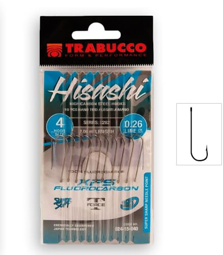 Lenza Montata Trabucco HISASHI Surfcasting – Amo 3282 ABERDEEN Forgiato Black Nickel con Occhiello – 200 cm XPS 100% Fluorocarbon – Mare e Barca
