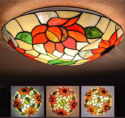 Plafoniera Lampada da soffitto Camera da letto Tiffany vintage rotonda Lampadario Vetro dipinto Girasole design rustico illuminazioni per Salotto Ufficio Cucina Corridoio Applique a muro E27, 30cm