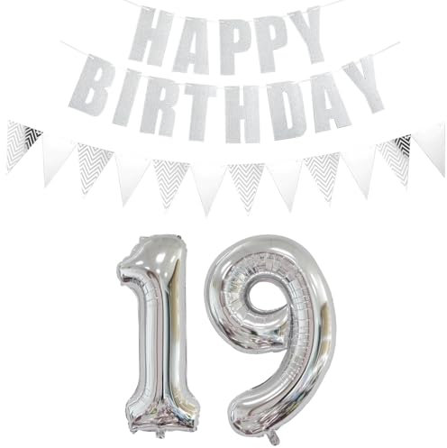 Luftballons Zahl 19 + Happy Birthday Girlande + banner Folienballon 19.Geburtstags deko Mädchen jungen Silber ballons 19 Jahre Geburtstag deko Zahlenballon 19 Geburtstag dekoration Mädchen junge(19)