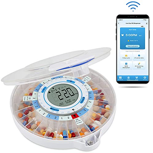 LiveFine Smart WiFi Automatic Pill Dispenser | 28-Day Medication Organizer Up to 9 Doses Per Day for Care Monitoring with Locking Key, Adjustable Light/Sound Alarms for Prescriptions & Vitamins