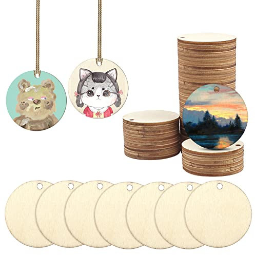wocpvm 100 Stück Holzscheiben Runde Naturholzscheiben Zum Basteln Holzanhänger Holz runde Holz Stücke mit Loch für DIY Handwerk Basteln Bemalen Scrapbooking 40mm