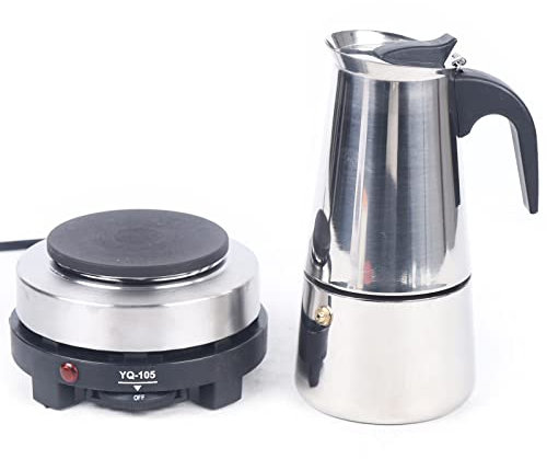 RibasuBB Espressokocher, 220V Edelstahl Espressomaschine Kaffeekanne mit Elektro Herd Ablassventil, 6Cup (300ml) Mokka-Kaffeemaschine aus Edelstahl + Elektroherd