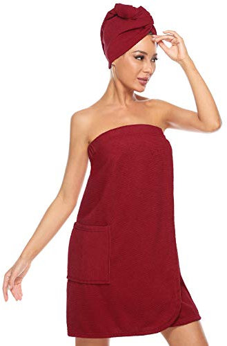 vislivin Bademantel Damen Saunakilt & Haartuch Sauna Kilt Frauen Saunakilt mit Klettverschluss und Gummizug Weinrot S/M