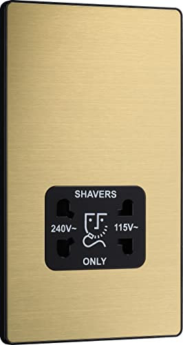 BG Electrical Dual Voltage Shaver Plug Socket, Electric Toothbrush Charger Socket for Bathrooms, Screwless Front Plate, Round Edges, Evolve, 2-Pin, Satin Brass, 115V / 240V, PCDSB20B