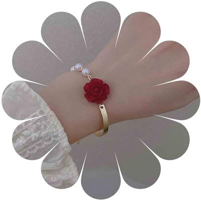 Yienate Vintage Perle Roses Bracelet Baroque Rouge Roses Fleur Chaîne De Poignet Dainty Perle Floral Main Chaîne Minuscule Cristal Papillon Perle Esclave Bracelet Bijoux Cadeau pour Femmes et Filles