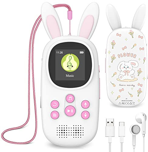 32GB Bluetooth MP3 Player Kinder, Niedlicher Hase Kinder Musik MP3 Player mit Kopfhörer & Lautsprecher, MP3-Player mit FM Radio, Aufnahmen, Alarm, Schrittzähler, Stoppuhr, Unterstützung bis zu 128GB.