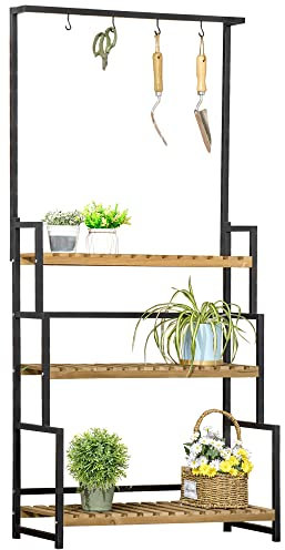 Outsunny Jardinera colgante de madera jardinera escalera jardinera jardinera jardinera 3 niveles + barra de soporte con 4 ganchos de metal - 80 x 36 x 174 cm