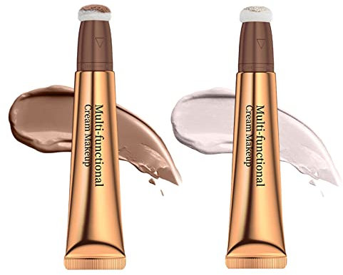 Ofanyia 2Pcs Highlighter & Contour Beauty Wand, Liquid Face Highlighter Contour with Cushion Applicator, Super Silky Cream Highlighter Contour Stick (02#Medium Contour+05#Pear white Highlighter)