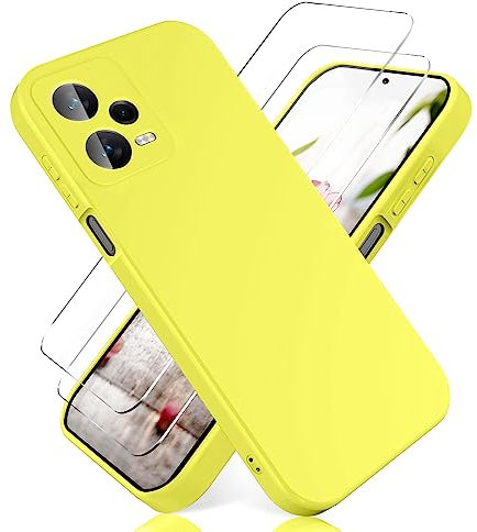 YiKaDa - Funda Compatible con Redmi Note 12 5G & [2 Unidades] Cristal Templado Protector de Pantalla, Cáscara Suave de Silicona TPU Líquida - Amarillo