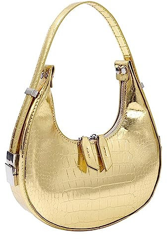 Frauen Hobo Handtaschen Silber Geldbörse Y2k Glänzend Abend Clutch Glänzend Unterarm Tasche PU Leder Umhängetasche, Gold, Free
