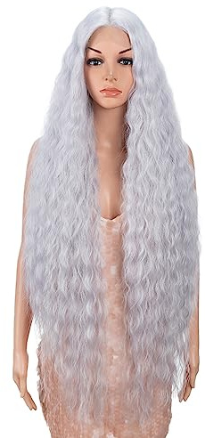 Style Icon Silbergrau Super lange Lace Front Perücke 104 cm lange lockige Perücke Perücke für Damen Super lange gewellte synthetische Spitzenperücke T Part Lace Perücke Hitzebeständige Faser
