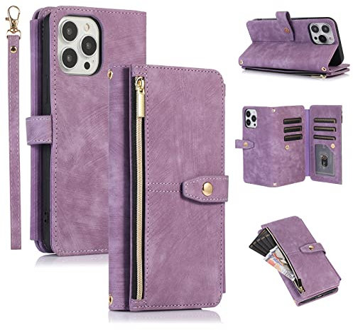 UEEBAI Case for iPhone 15 Pro 6.1 inch, 9 Card Slots Retro Leather Wallet Shockproof Flip Cover with Hand Strap Card Slots Zipper Pocket Kickstand Handbag Magnetic Closure - Retro Purple