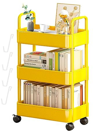 Fenytay Trolley with 3 Levels, Storage Trolley Wheels, Storage Trolley with Wheels and Handles, 3/4 Tier Trolley, Kitchen Trolley Wheels, Movable Bookcase with Hooks, Room Decoration Storage Trolley