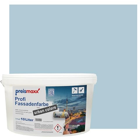 Preismaxx Profi Fassadenfarbe urban colors, bunte Außenfarbe, blau, nebelblau, mist blue 10L, matte, wasserabweisende Aussen-Dispersion, hohe Wasserdampfdurchlässigkeit