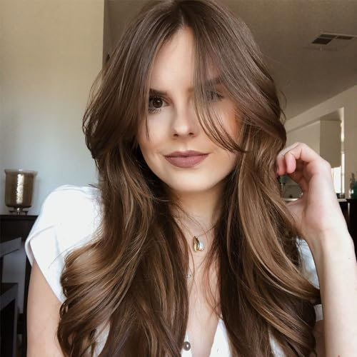 FASHION IDOL Perücke für Frauen Synthetische Spitze Front Tür Vorhang Pony in der Split Lace Hair Stitching Layered Farbe Perücke (BROWN138, 71CM)