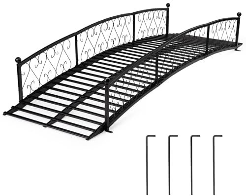 OLBRUS 8 FT Garden Bridge, Metal Arc Footbridge with Safety Siderails, Decorative Black Iron Pond Bridge for Outdoor Patio Yard Backyard Creek Farm