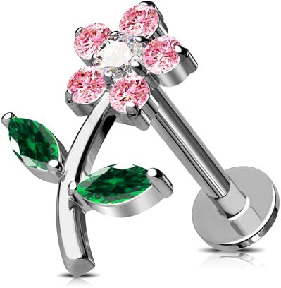 Jewseen Flache Rückseite Ohrringe Blumen Knorpel Ohrring Intern Gewinde Helix Ohrringe CZ Lippen Stud G23 Titan Nase Piercing Rosa
