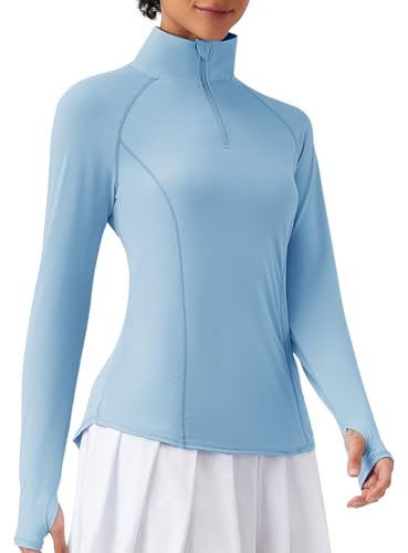IECCP Damen Laufshirt Langarm Sportshirt UPF 50+ Schnelltrocknend UV Schutz Sommershirts Pullover Wandershirt mit Daumenlöcher 1/4 Reißverschluss Blau XL