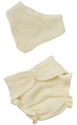 Heless 420 - Puppenkleidung aus Musselin, 100% Bio-Baumwolle, 2-teiliges Set mit Stoffwindel und Lätzchen in Ecru für Puppen und Kuscheltiere der Größe 35-45 cm