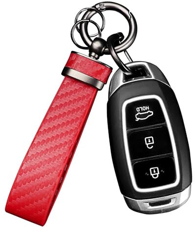 Porte Clef Voiture en Cuir,Porte Clés en Fibre de Carbone avec Anneau en D Anti-perte,Porte-clés Accessoire Voiture (Rouge)