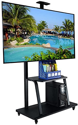 Rollbarer TV-Bodenständer mit Kameraablage, für 55-75-Zoll-Flachbild-/Curved-TVs, schwarzer, robuster, tragbarer mobiler TV-Wagen mit Rädern, universeller, hoher TV-Halterungswagen für zu Hause mit s