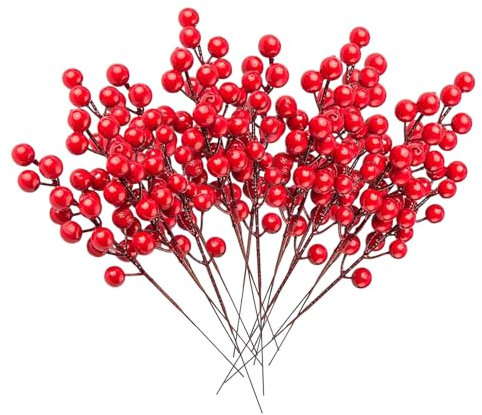 Christmas Artificial Holly Berries, 16 Pieces Red Artificial Berry Stem Ornaments, 20.5 cm Red Berry Stems for Christmas Tree, DIY Xmas Wreath, Holiday and Home Decoration